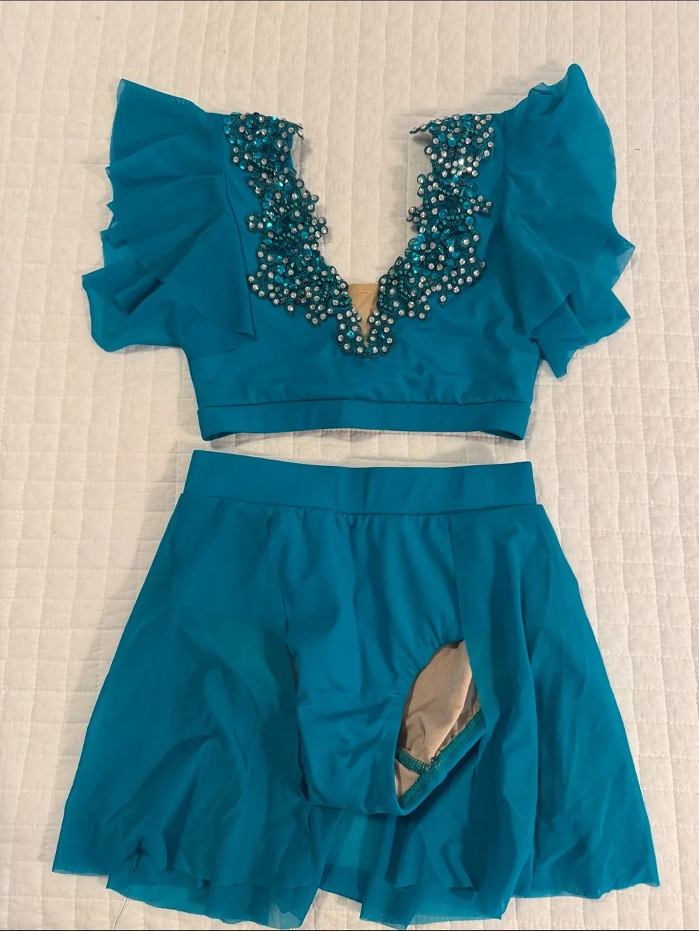 Embellished Teal Ruffle Crop Top and Skirt kids Dance Costume